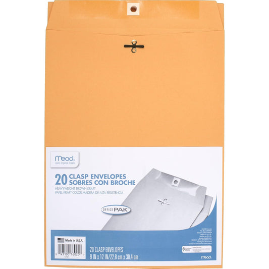 ACCO (School) Mead Clasp Envelopes, 9" x 12", Brown Kraft, Office Pak, 20 per Box (76020)