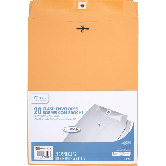 ACCO (School) Mead Clasp Envelopes, 9" x 12", Brown Kraft, Office Pak, 20 per Box (76020)