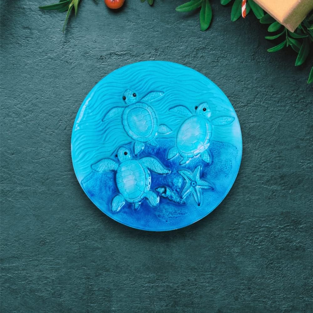 Comfy Hour Under The Sea Collection 13" Decorative Three Turtles Sea Snail Conch Starfish Pattern Glass Plate, Dishwasher Safe, Blue