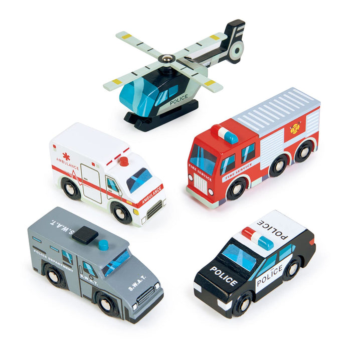 Tender Leaf Toys - Emergency Vehicles - 5 Wooden Rescue Vehicles with Moving Parts for Toddler Boys and Girls - Great Gift for Car Lovers - Educational Pretend Play Vehicles - Age 3+