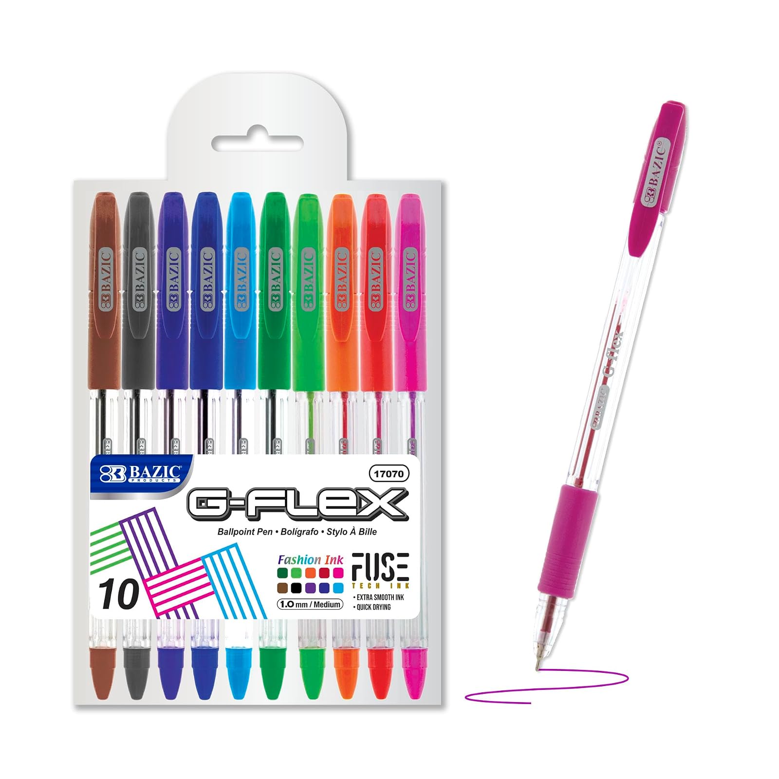 BAZIC 10 Color G-Flex Oil-Gel Ink Pen, Soft Barrel Grip, Stick Ballpoint Pens Medium Point, Assorted Bright Colors Smooth Writing, 1-Pack