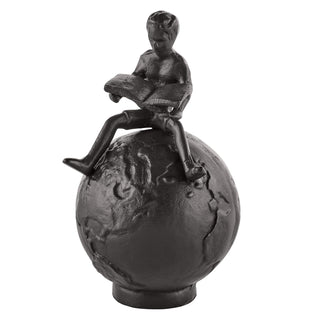 Danya B Brown Cast Iron Boy Reading on Globe Sculpture - Tabletop Desk Ornament or Decorative Paperweight
