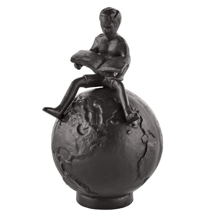 Danya B Brown Cast Iron Boy Reading on Globe Sculpture - Tabletop Desk Ornament or Decorative Paperweight