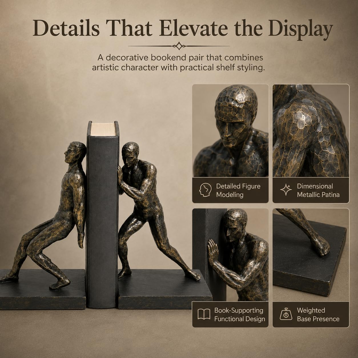 Comfy Hour Farmhouse Home Decor Collection Resin Set of 2 Gymnastic Men Bookends Art Bookends Solid Heavy Weight, Black