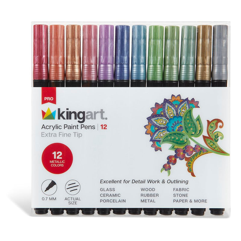 KINGART 453-12A PRO Metallic 12 Ct. Extra Fine Paint Pens, 0.7mm Tip, 12 Acrylic Paint Colors incl. Gold, Silver, Low-Odor Water-Based Quick Drying for Rock, Wood, Metal, Plastic, Glass, Ceramic