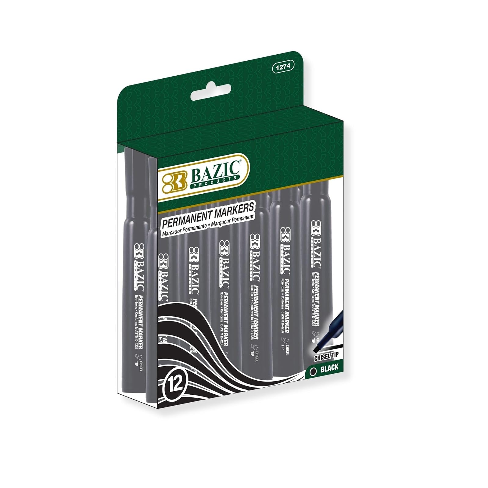 BAZIC Black Chisel Tip Permanent Markers Pens Marcador, Coloring on Plastic Wood Glass, Art School Office (12/Box), 1-Pack