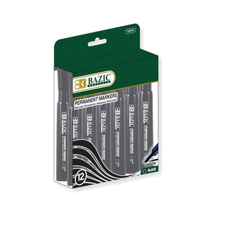 BAZIC Black Chisel Tip Permanent Markers Pens Marcador, Coloring on Plastic Wood Glass, Art School Office (12/Box), 1-Pack