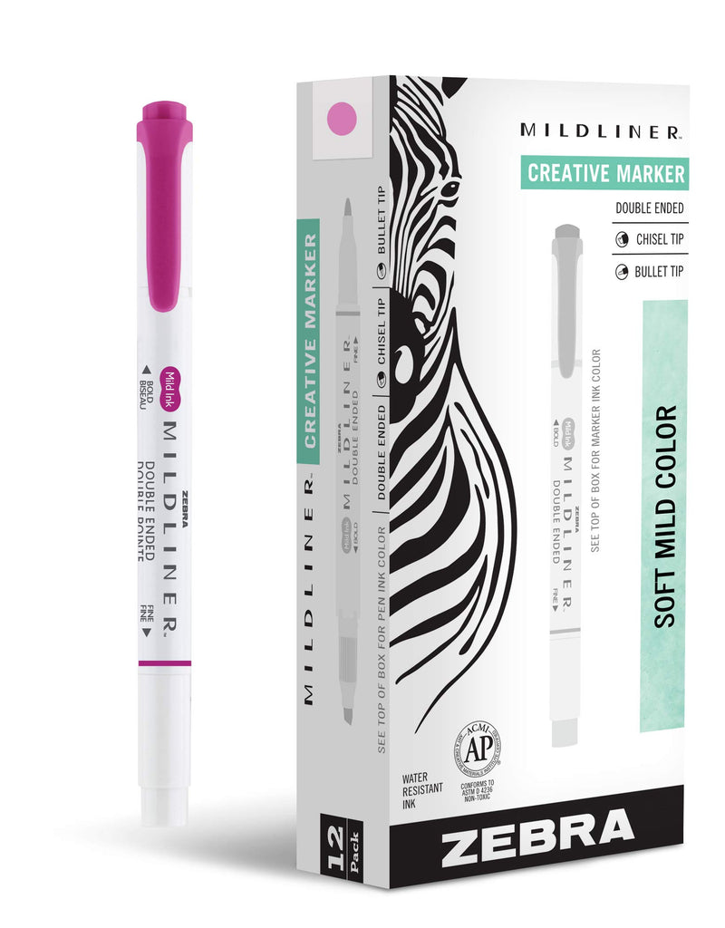 Zebra Pen Mildliner Double Ended Highlighter Marker Set, Broad and Fine Point Tips, Mild Fucshia Ink, 12-Pack