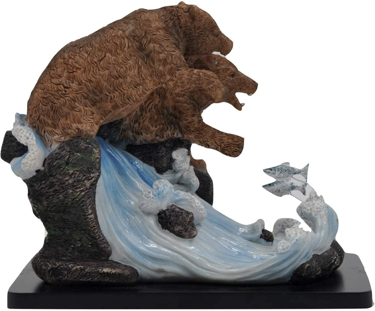 Comfy Hour Wildlife Collection 8 Grizzly Bear Couple Catching Salmon and Fish Figurine, Realistic Lifelike Animal Statue Home Decoration, Brown, Resin Stone