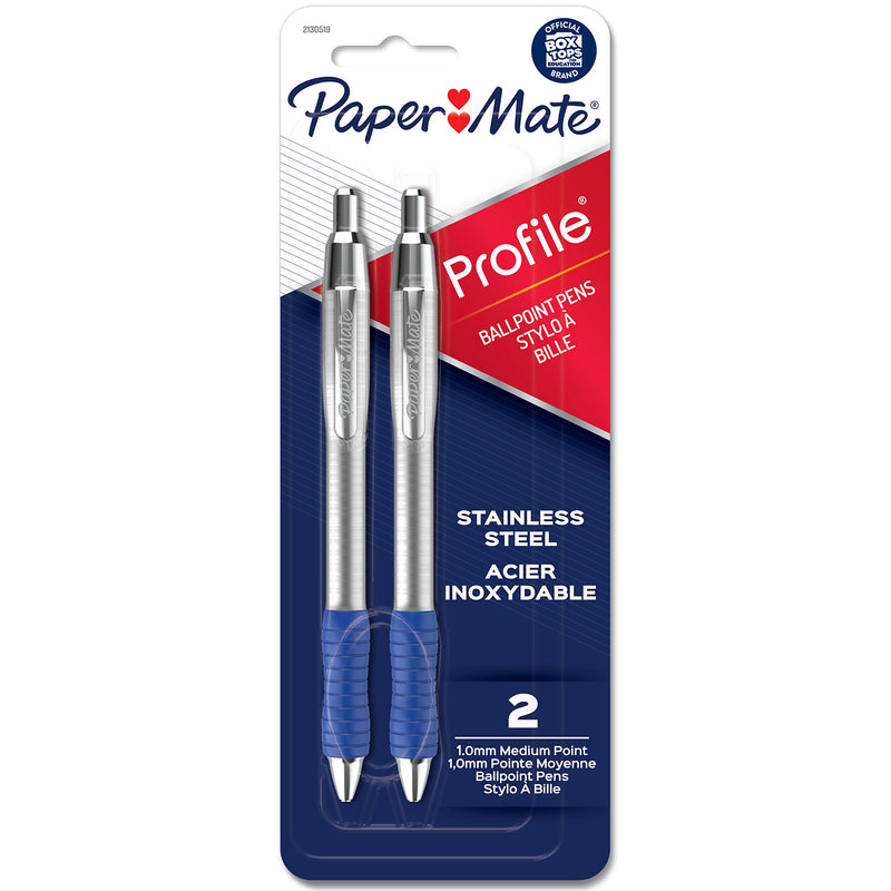 Paper Mate Profile Ballpoint Pens, Retractable Pen with Stainless Steel Barrel, 1.0 mm, Blue Ink, 2 Count