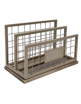 Desktop Mail Organizer - 2 Compartment Mail Holder & Stationary Table Top Desk Organizer - Chic and Stylish Galvanized Steel and Solid Wood - “Letters” Print - for Home and Office, Grey "Letter"