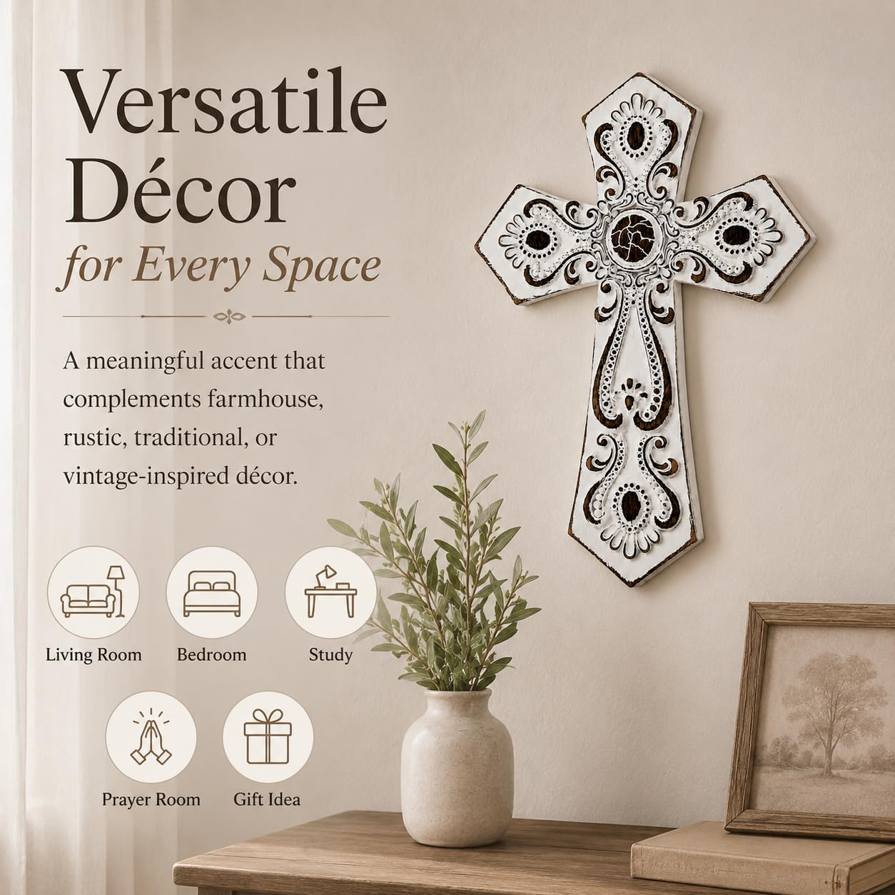 Comfy Hour 12 Inch White Cross for Wall, Rustic Wall Cross Decor