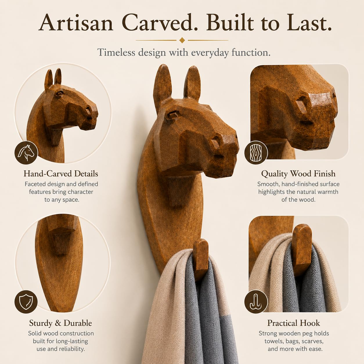 Comfy Hour Symmetric Geometric Animal Hook Collection Horse Head Single Coat Hook Clothes Rack Decorative Wall Hanger, 7-inch Polyresin
