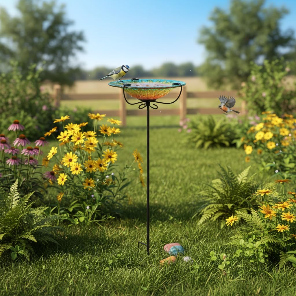 Comfy Hour Bird Meets Garden Bath Collection 28" Chrysanthemum Glass Top Birdbath Birdfeeder Metal Art Garden Stake