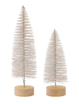 Melrose Set of 2 LED White Lighted Bottle Brush Trees On Wood Base - 10.75 and 14 Inch