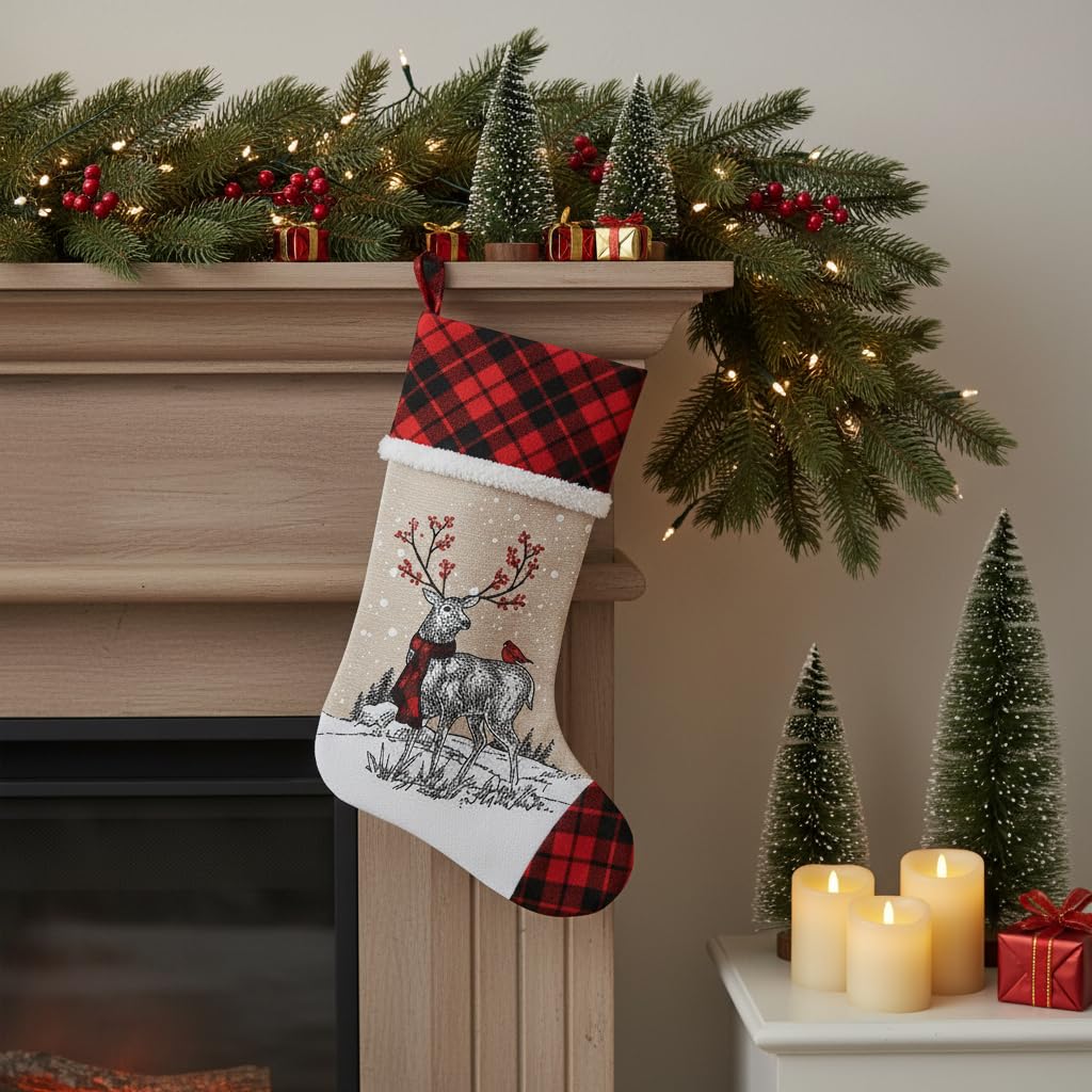 Comfy Hour Joyful Holiday Collection 20" Christmas Wreathed Reindeer Stocking, Polyester
