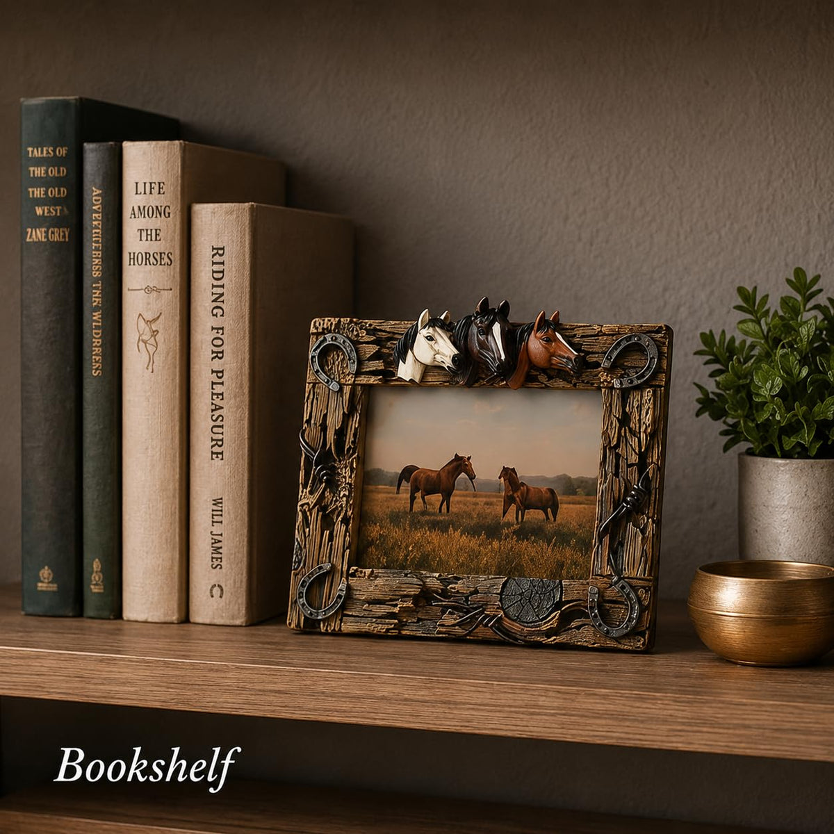 Comfy Hour 9.3 Inch Horse Picture Frame, Western Horseshoe Decor — Brown