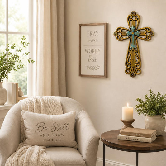 Comfy Hour 13 Inch Cross Wall Decor, Bronze Turquoise Christian Cross