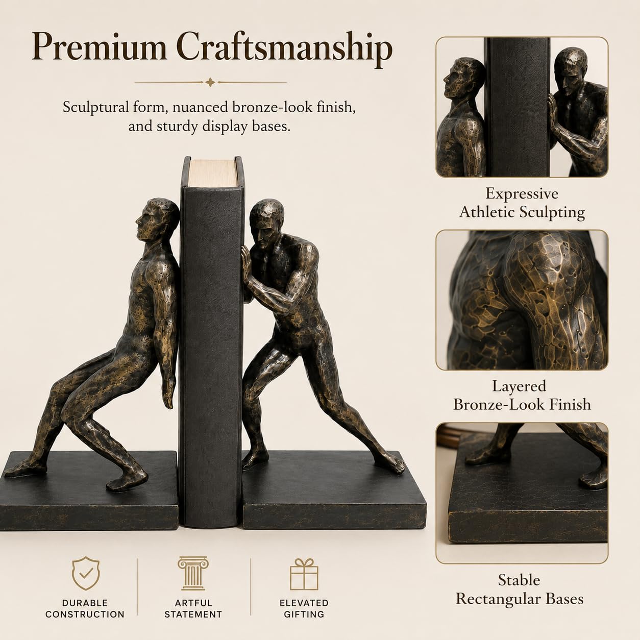 Comfy Hour Farmhouse Home Decor Collection Resin Set of 2 Gymnastic Men Bookends Art Bookends Solid Heavy Weight, Black