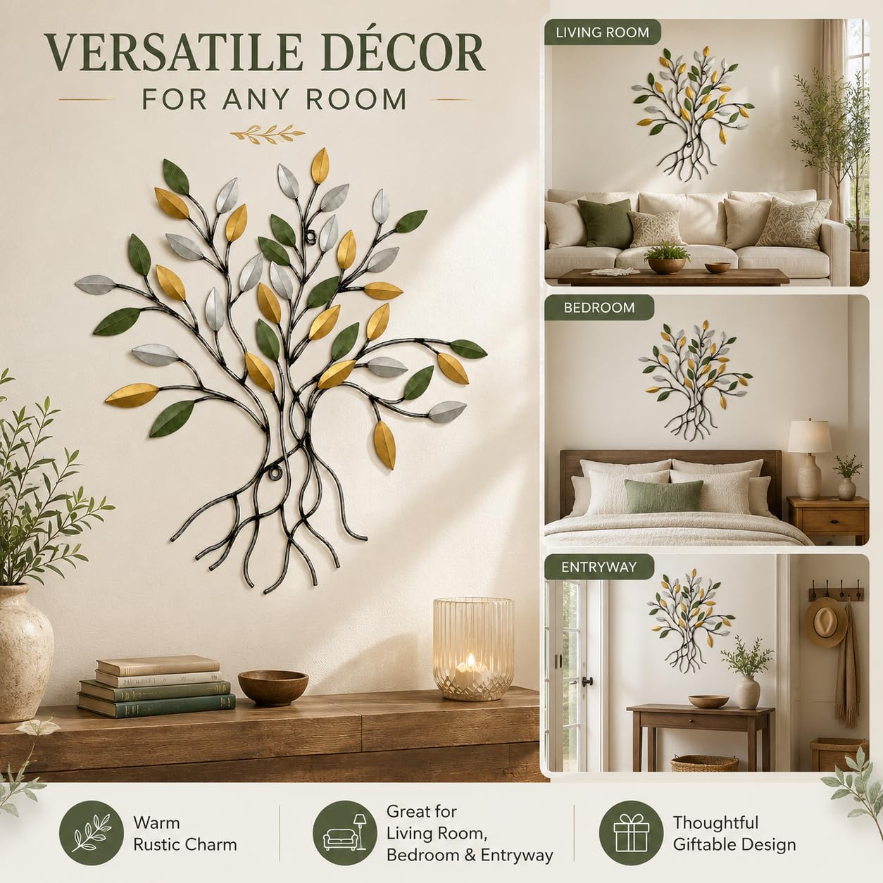 Comfy Hour 16 Inch Tree of Life Metal Wall Art, Green Gold Leaves