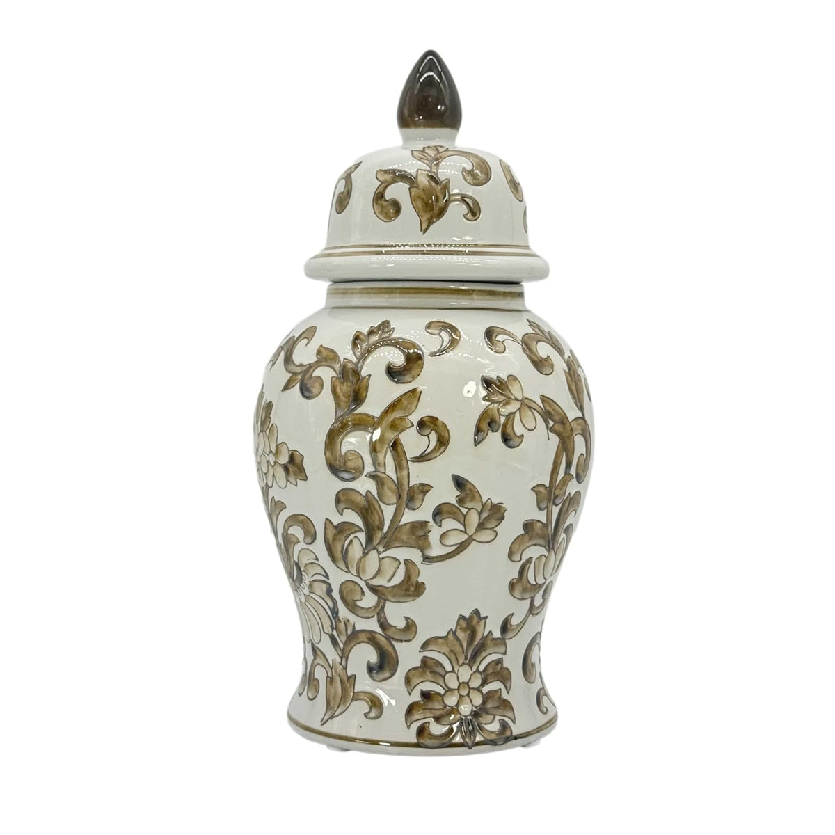 Galt International Vase, 14", 14-in White & Brown Floral Ginger Jar