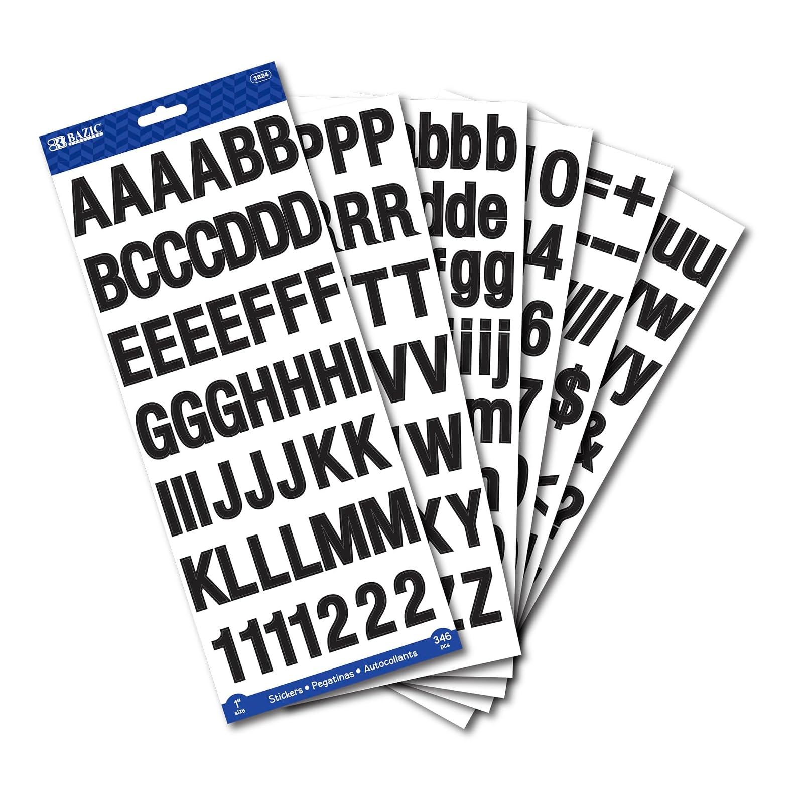 BAZIC 1" Black Color Alphabet Numbers Sticker, Number Python Commas Apostrophe Semi-colons, DIY Birthday Christmas New Year, Scrapbooks Greeting Cards Envelope Gift, Fun for Kids Toddler Learning Teacher Classroom (6 Sheets), 1-Pack