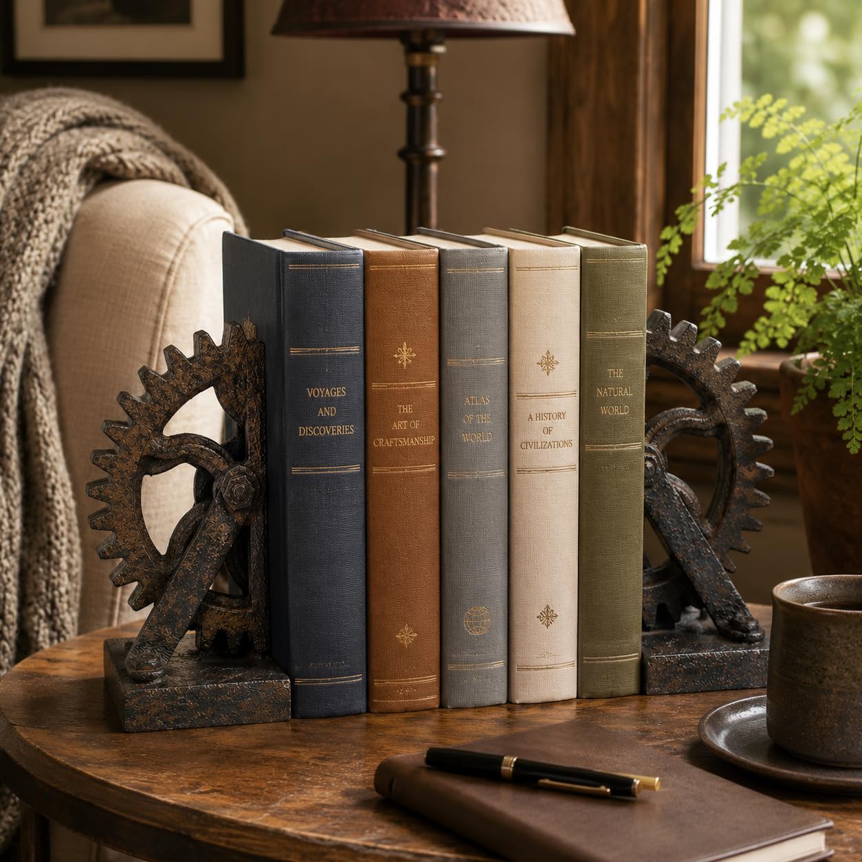 Comfy Hour Farmhouse Home Decor Collection Resin Set 2 Wheel Gear Bookends Art Bookends Solid Heavy Weight, Brown & Black