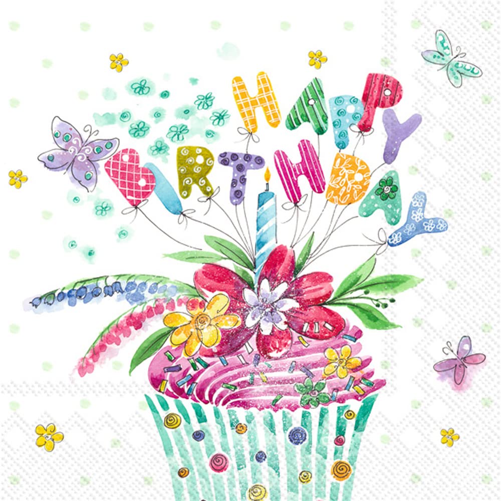 Boston International IHR 3-Ply Paper Napkins, 20-Count Cocktail Size, Birthday Cupcake
