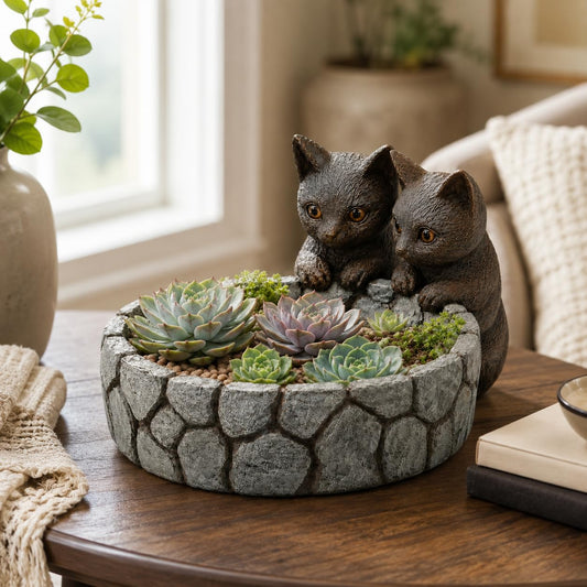 Comfy Hour Farmhouse Home Decor Collection Polyresin Two Cats Succulent Planter Flower Bud Pot Mini Decorative Vase, Small Plant Container