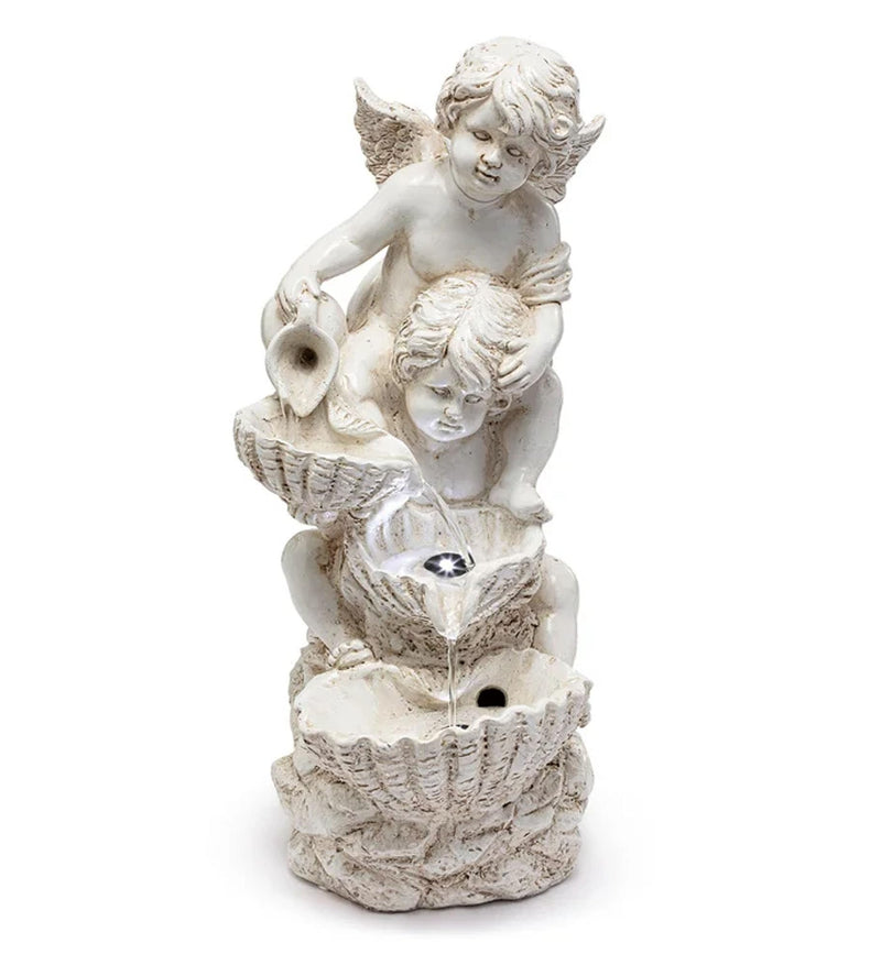 Napco Cherub Angel Shells 15.5 x 8 x 5.5 inches White Resin Stone Collectible Figurine Statue Sculpture Water Fountain, Indoor Outdoor Garden Décor, Brown, 14967