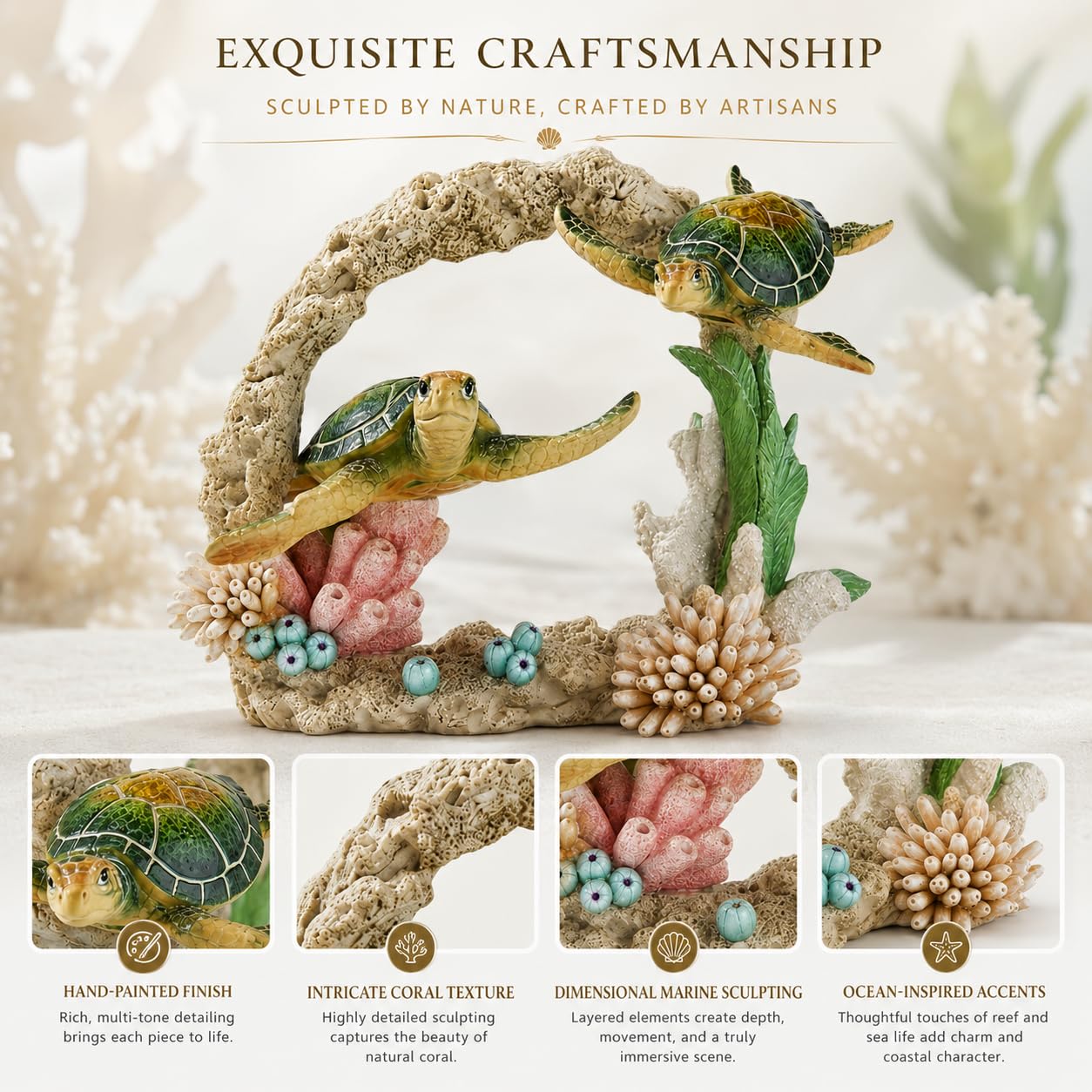 Comfy Hour Ocean Voyage with Sea Turtles Collection Resin 7" Turtles Coral Marine Animal Desktop Decoration