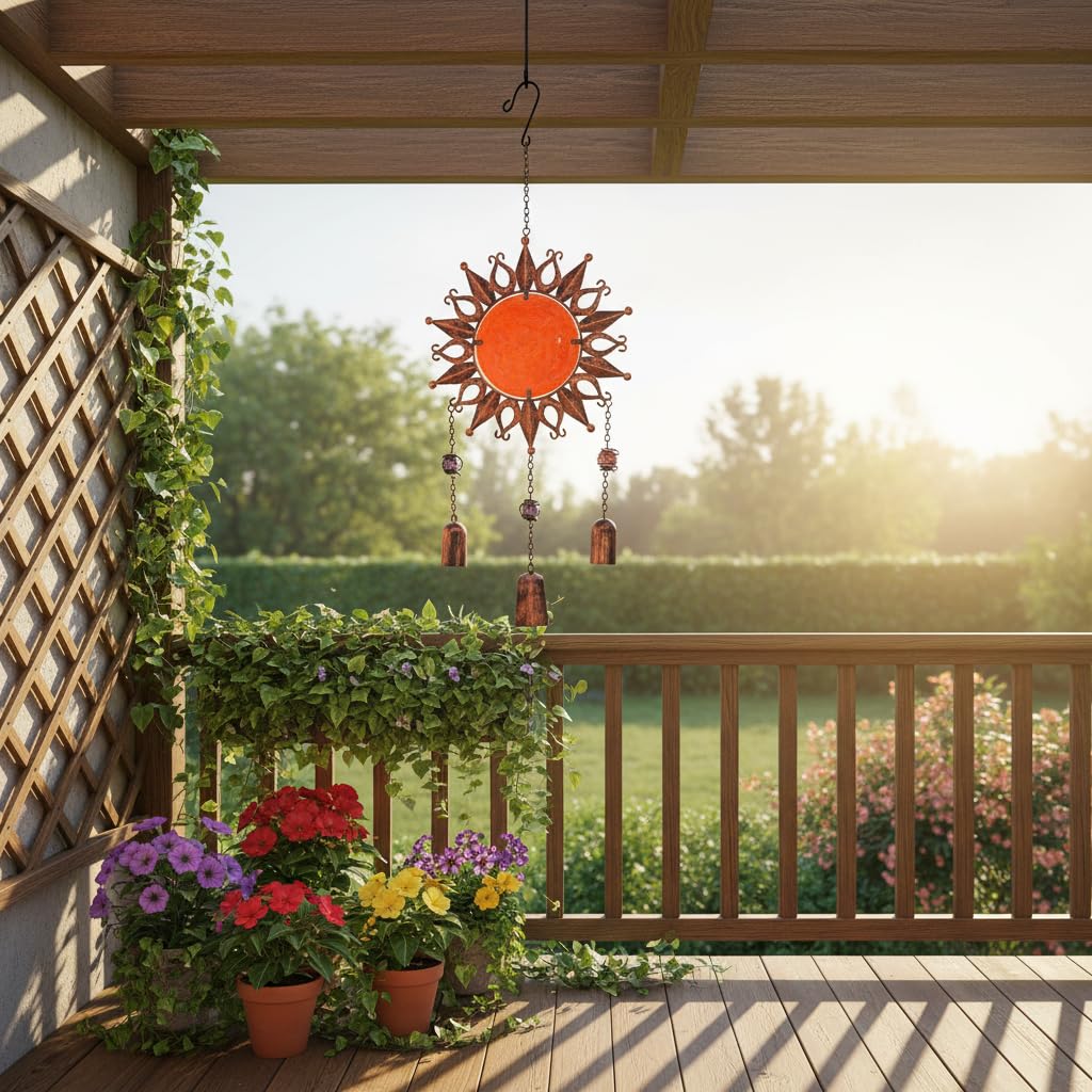 Comfy Hour Sun Moon Face Engraved Collection 23" Red Brown Copper Metal Art Sunface Hanging Wind Chime for Home and Garden