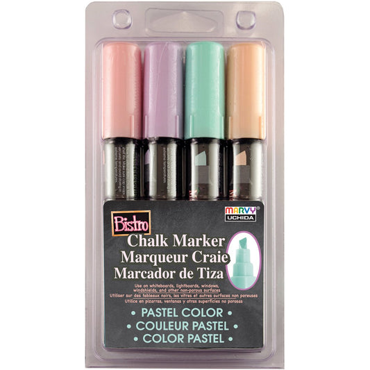 Uchida Bistro Chalk Marker Chisel Tip Set 4/Pkg-Pastel Yellow, Pink, Green & Blue