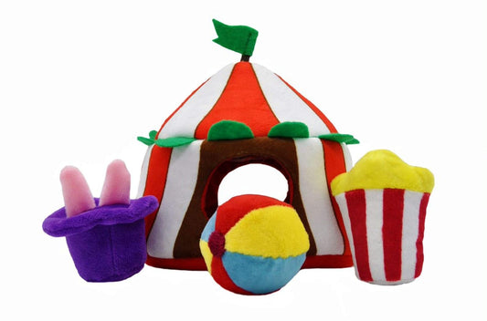 HugSmart Pet ‚Äì Happy Circus |Squeaky Hide and Seek Plush Dog Toys | Cute Interactive Plush Puzzle Toys for Small/Medium Dogs (Happy Circus)