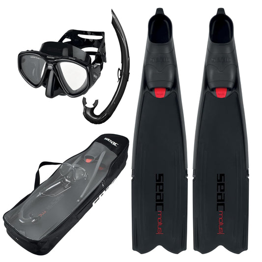 SEAC Set Tris Motus Set (Motus Long Fins, One Diving Mask, Jet Snorkel, Shoulder Bag), Black, 12.5-13.5