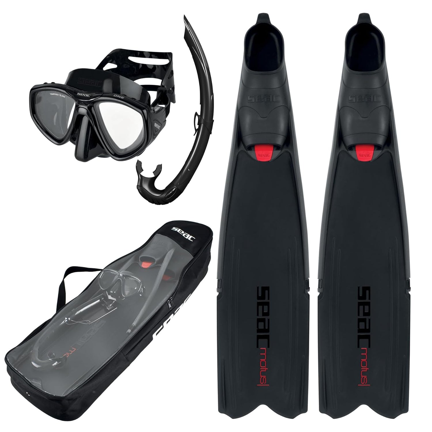 SEAC Set Tris Motus Set (Motus Long Fins, One Diving Mask, Jet Snorkel, Shoulder Bag), Black, 11-12