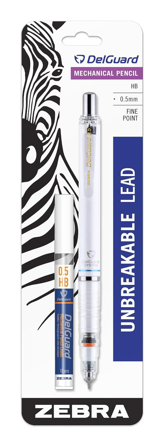 Zebra Pen DelGuard Mechanical Pencil with Lead Refill, Fine Point, 0.5mm, White Barrel, Standard #2 HB Lead, Refillable, 1-Pack