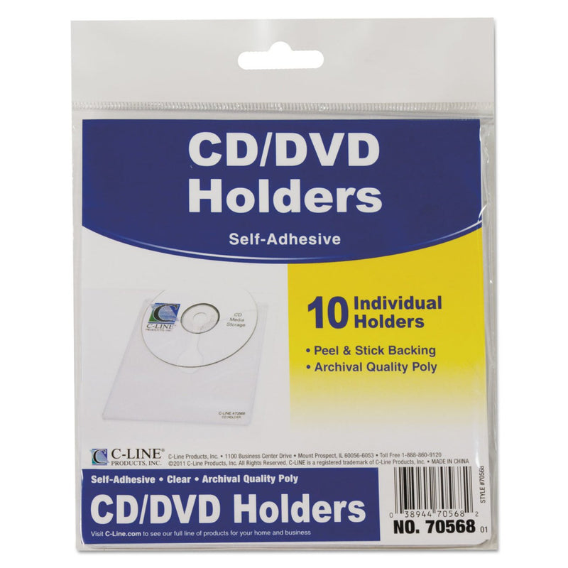 C-Line Self-Adhesive CD Holder, 1 Disc Capacity, Clear, 10/Pack