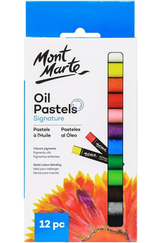 Mont Marte Oil Pastels Signature 12pc, 12 Assorted Colors, Vibrant Oil Pastel Set, Great Blending and Layering, Ideal for Art, Craft, Coloring and Sketching