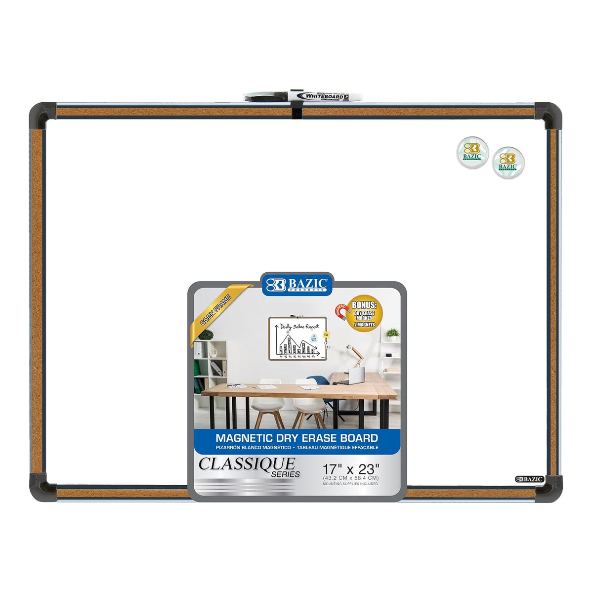 BAZIC PRODUCTS Writing Board, 17"W x 23"H, Cork Frame Whiteboard 17x23