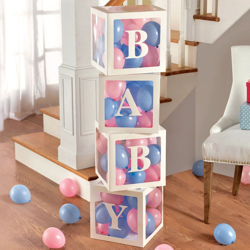 Pop-Up Multicolor Baby Blocks With Balloons - 4 Boxes &amp; 68 Balloons (1 Set) - Perfect For Birthdays, Baby Showers, &amp; Gender Reveal