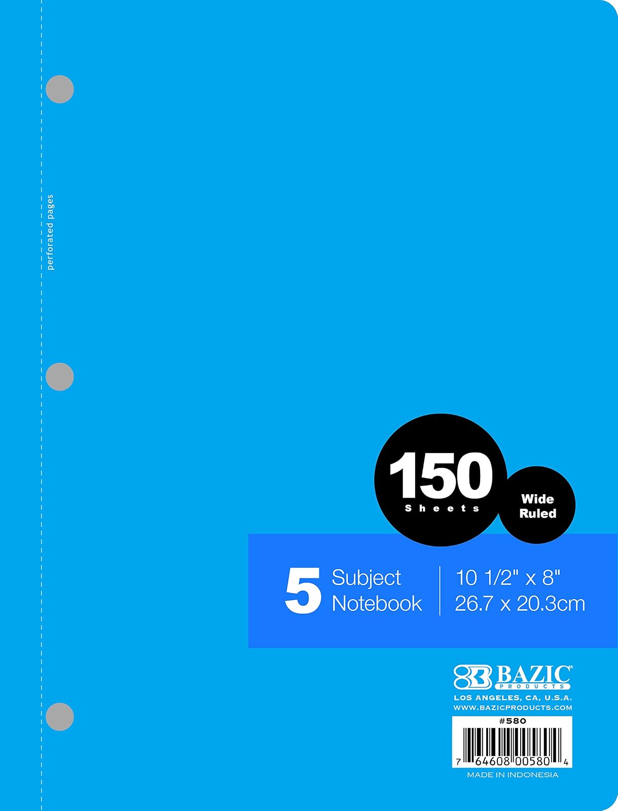 B BAZIC PRODUCTS Wide Ruled 5 Subject Notebook. Spiral Notebook with Perforated Pages (150 Pages. 10.5 x 8 in.), Pink/Blue/Green/Purple