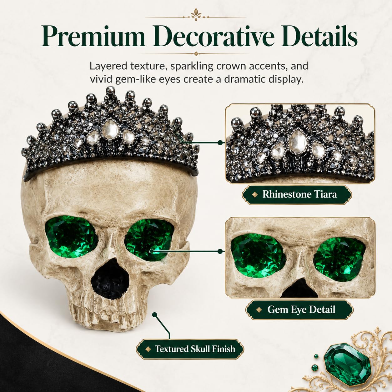 Comfy Hour Fairyland Collection Resin Horrific Human Skull Head Bone Wearing Crown with LED Light in Eyes Statue, Halloween Accent Decor, Polyresin