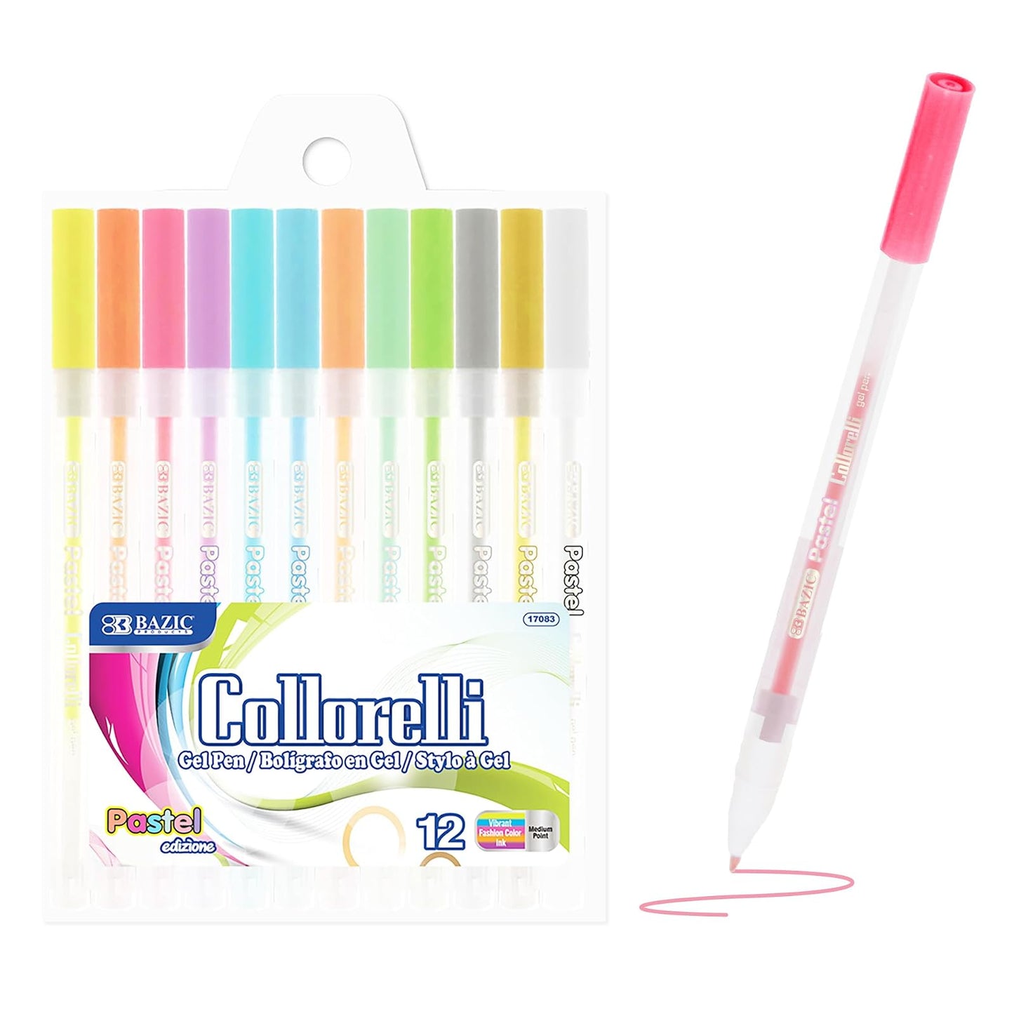 BAZIC 12 Pastel Color Collorelli Gel Pen, Rollerball Point Macarons Neon Colors, Coloring Gift Card Painting Writing Art Drawing, 1-Pack