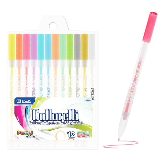 BAZIC 12 Pastel Color Collorelli Gel Pen, Rollerball Point Macarons Neon Colors, Coloring Gift Card Painting Writing Art Drawing, 1-Pack