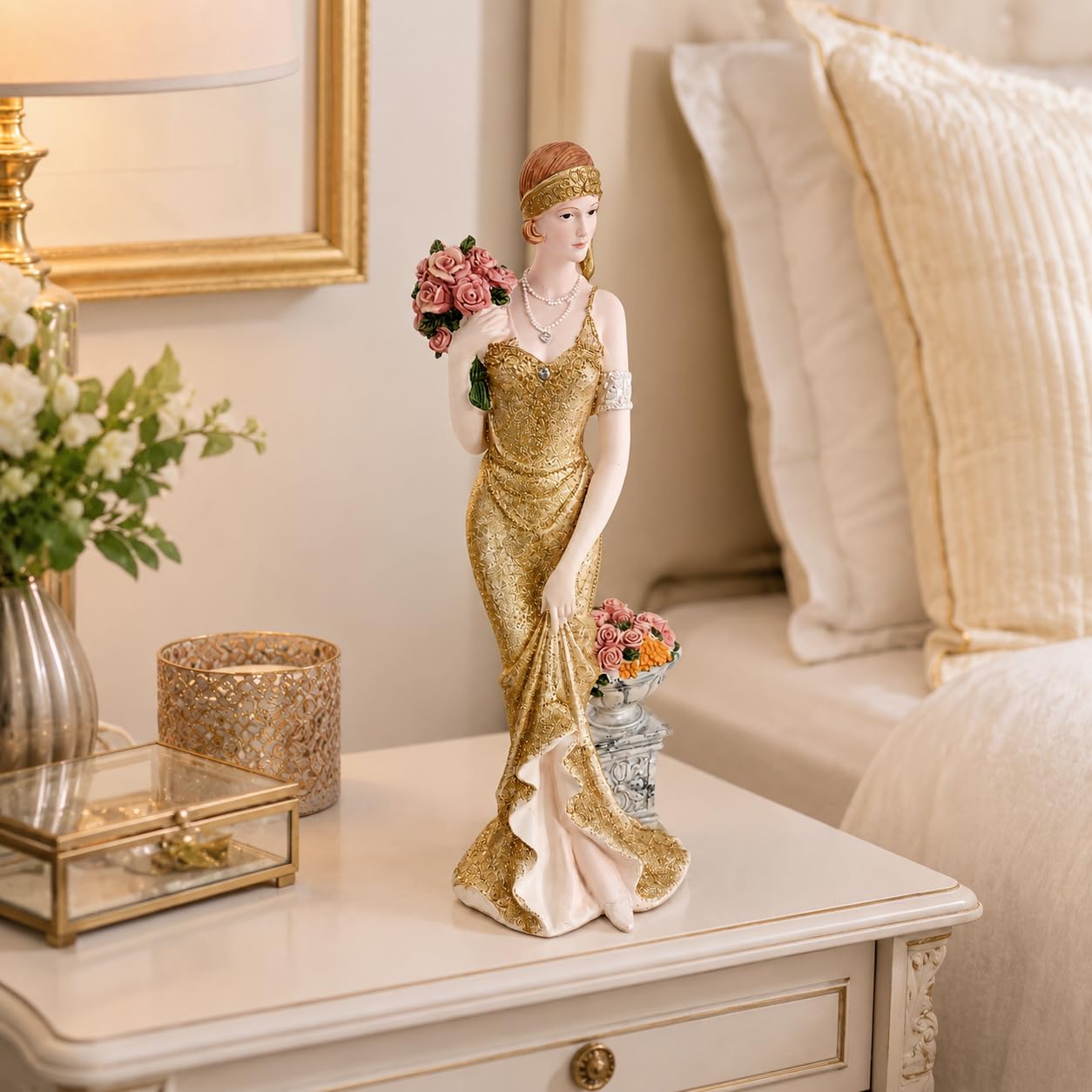 Comfy Hour 13 Inch Victorian Lady Figurine, Art Deco Gold Dress Statue