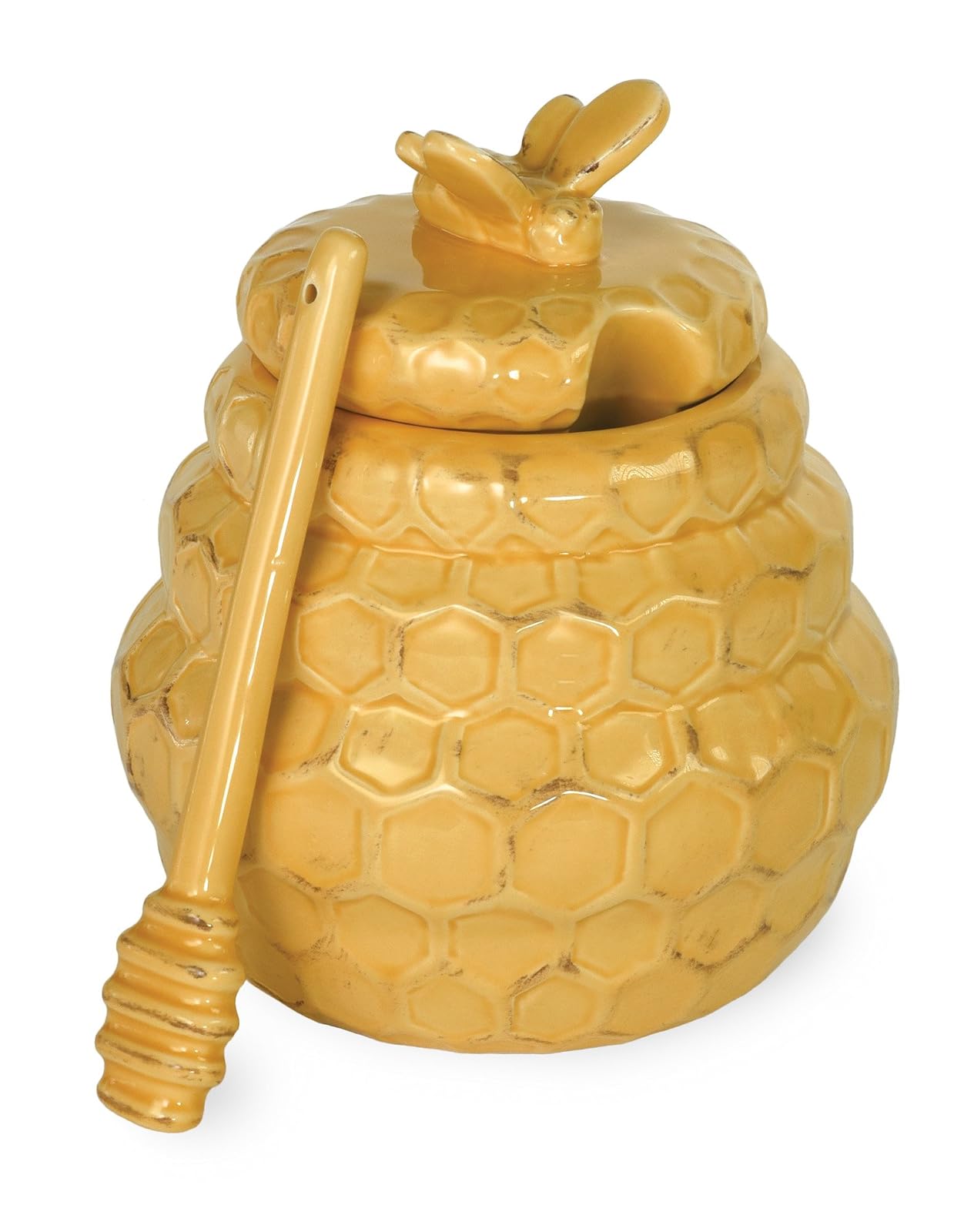 Boston International JC17148 Ceramic Honey Pot & Dipper, 4 x 5.25-Inch, Honeycomb