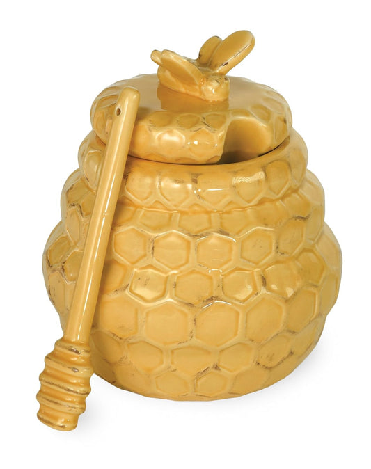 Boston International JC17148 Ceramic Honey Pot & Dipper, 4 x 5.25-Inch, Honeycomb