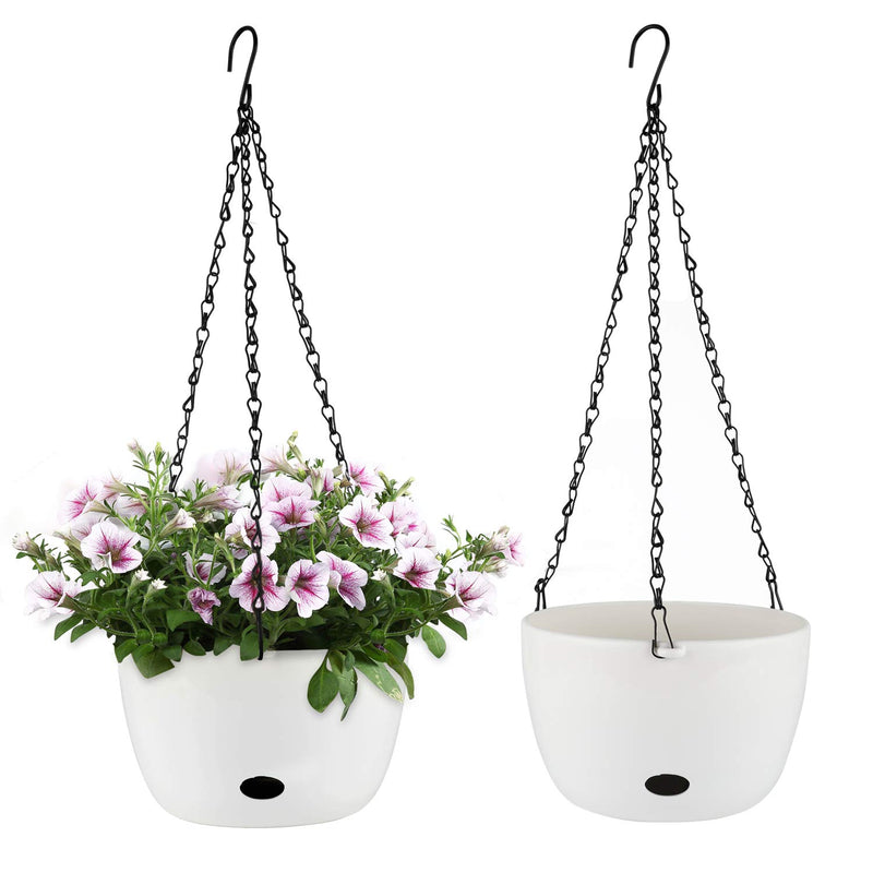 T4U Self Watering Hanging Planter Pot with Watering Hole 9.5 Inch White Set of 2 - Round Plastic Hanging Basket Flower Pot Plant Holder for Outdoor Garden House Porch Decor Wedding Gift