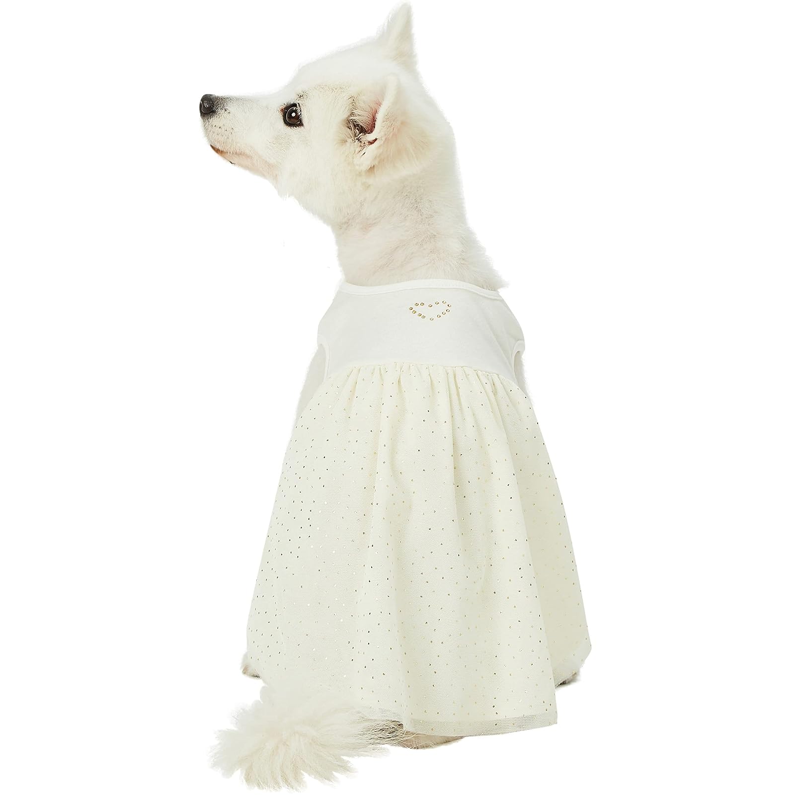 Blueberry Pet My Little Princess Cotton Blend Dog Tulle Dress in Sweet Vanilla with Heart, Back Length 14", Pack of 1 Clothes for Dogs